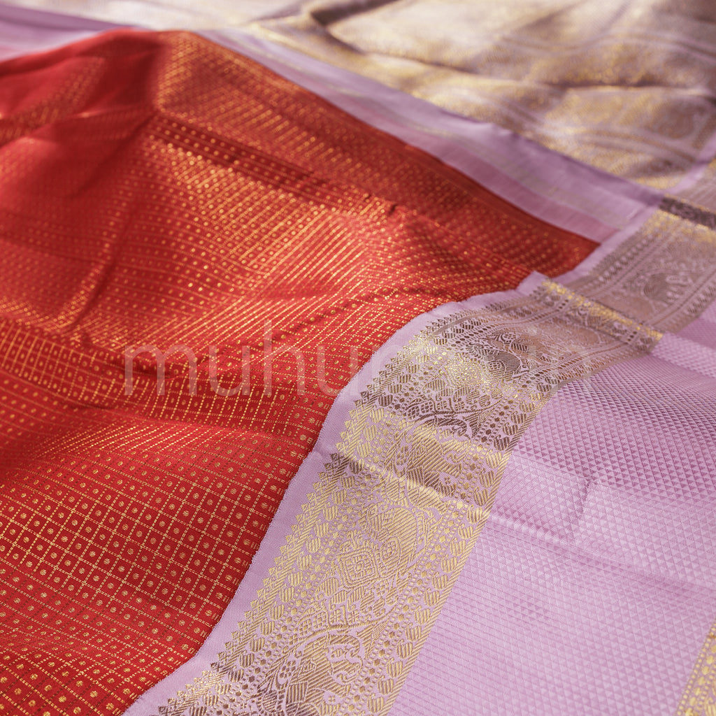 Red Pure Zari Kanjivaram Silk Saree with Lilac