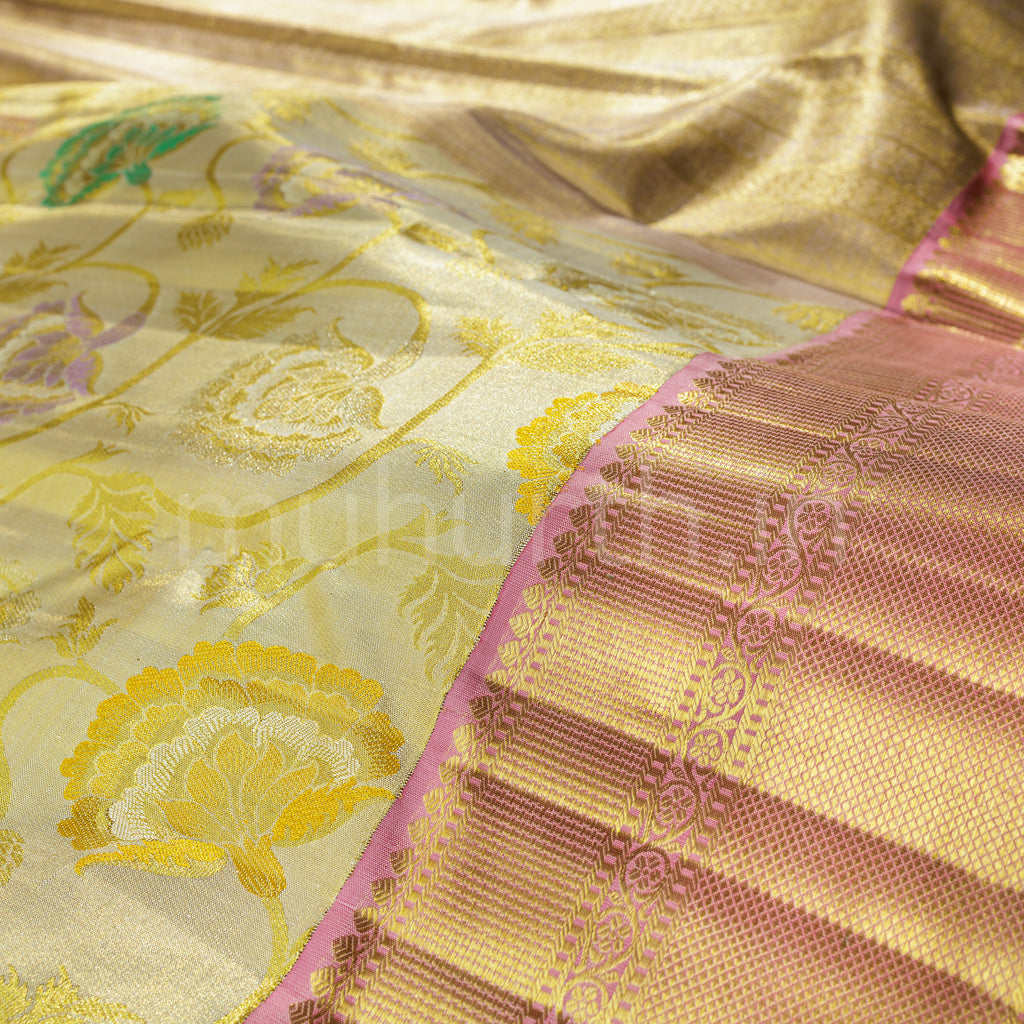 Golden Pure Luxury Tissue Kanjivaram Silk Saree with Pink