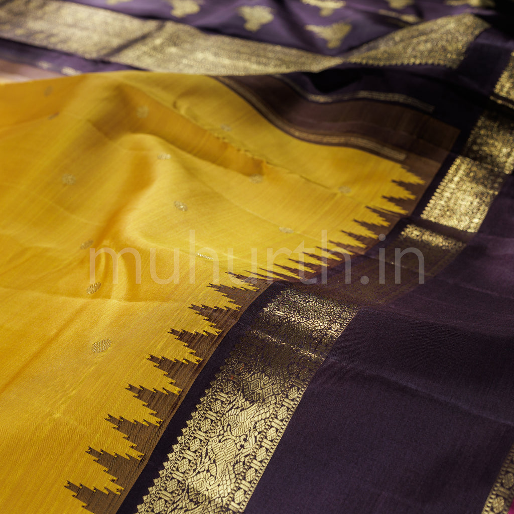Mustard Pure Zari Kanjivaram Silk Saree with Pakku