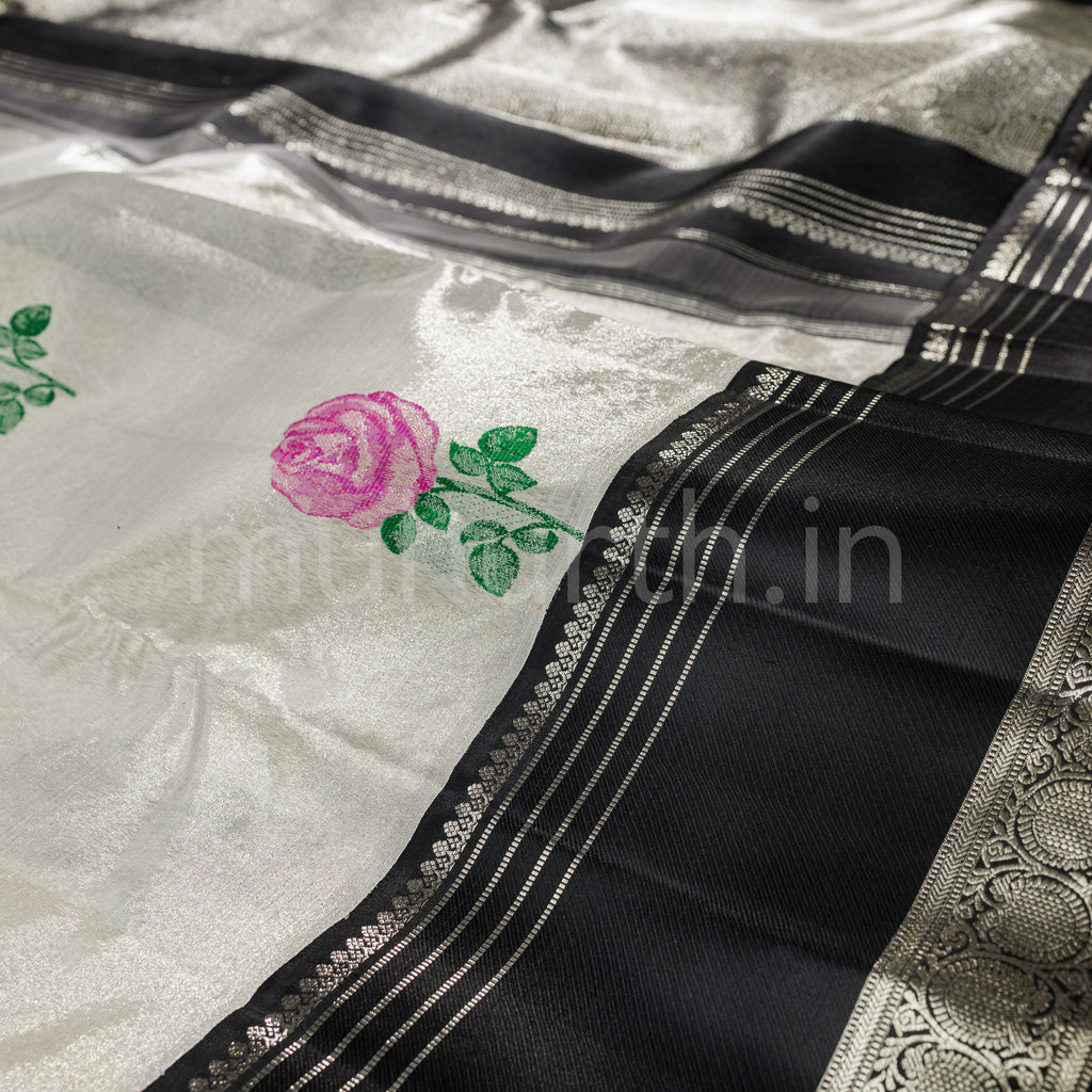 Off-White Pure Organza Kanjivaram Silk Saree with Black