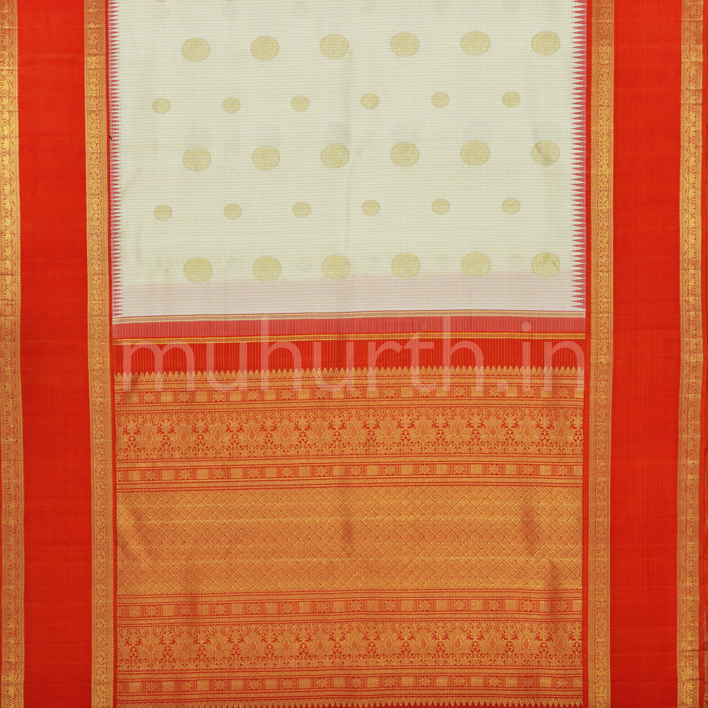 Off-White Pure Kanjivaram Silk Saree with Orange
