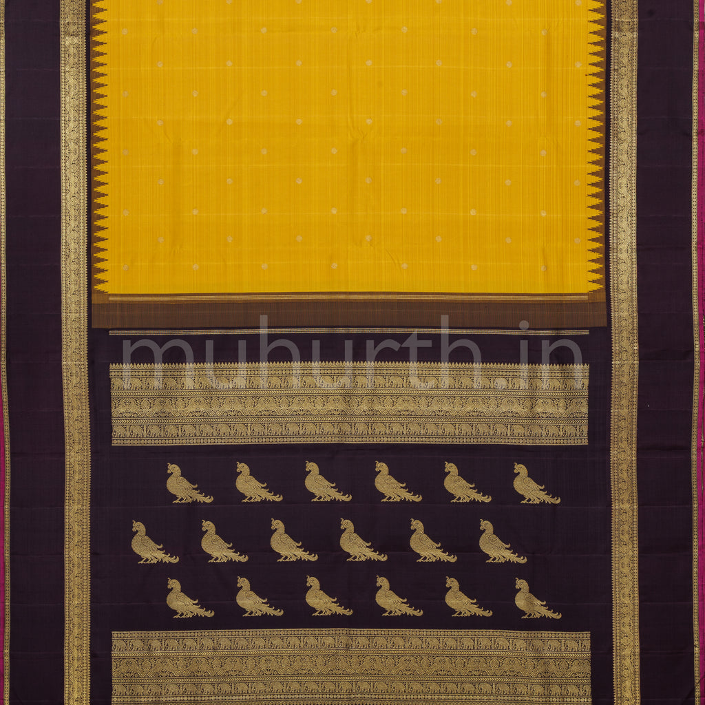 Mustard Pure Zari Kanjivaram Silk Saree with Pakku