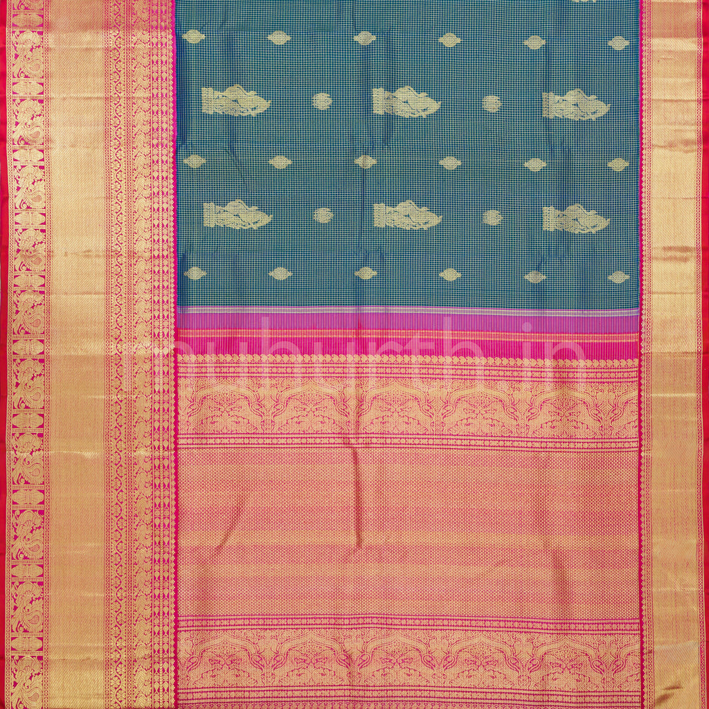 Peacock Green Pure Kanjivaram Silk Saree with Rani Rose