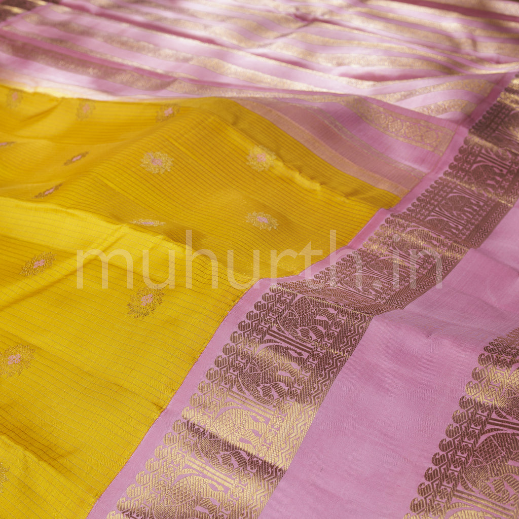 Golden Mustard Pure Kanjivaram Silk Saree with Pink