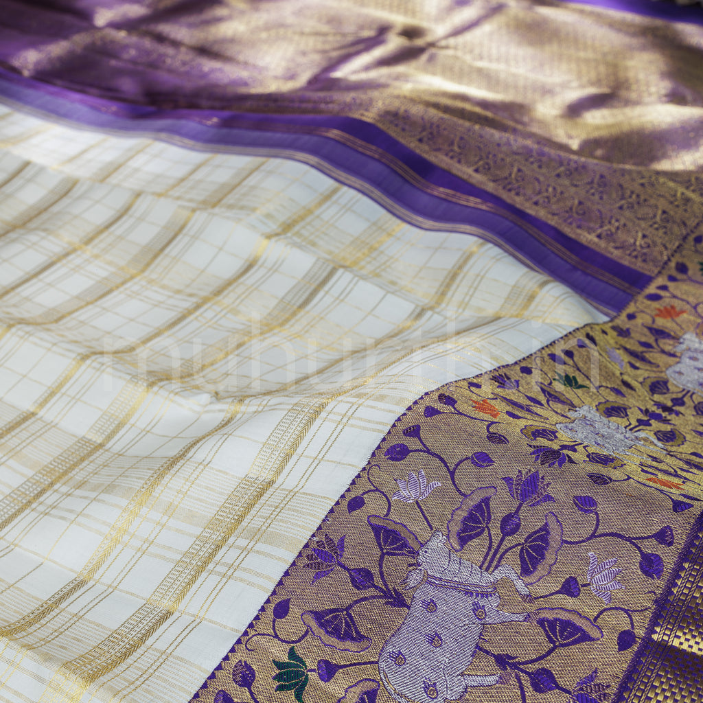 Off-White Pure Meenakari Kanjivaram Silk Saree with Meenakshi