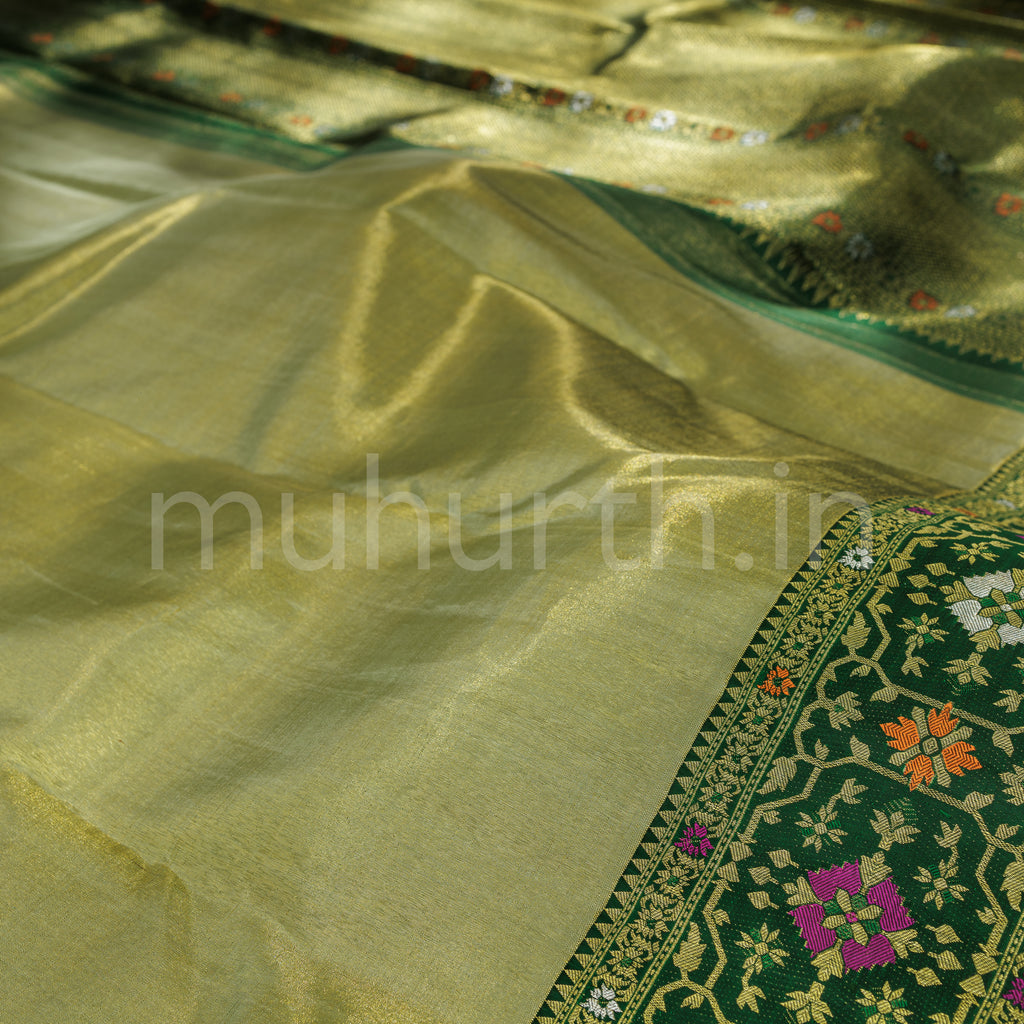 Light Elaichi Organza Tissue Kanjivaram Silk Saree with Deep Green