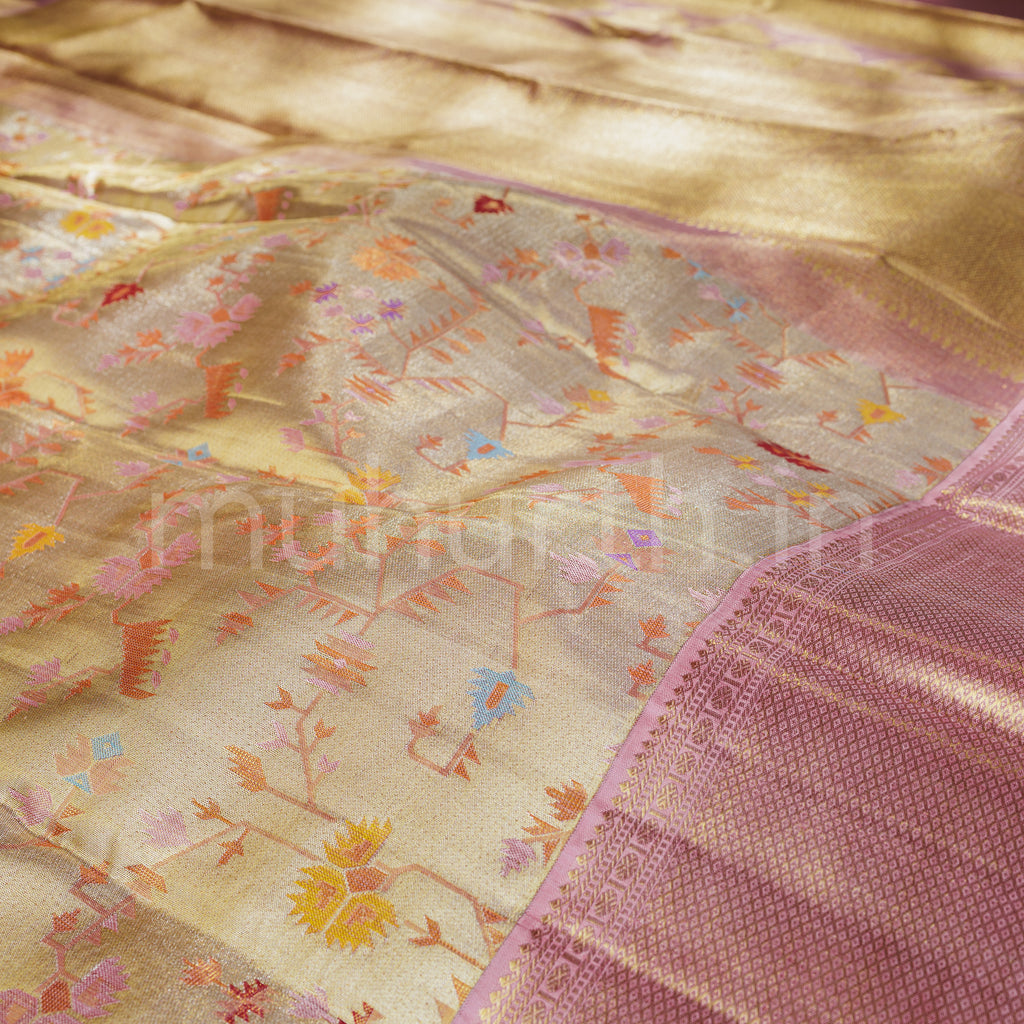 Premium Tissue Jamdani Meenakari Kanjivaram Silk Saree with Pink