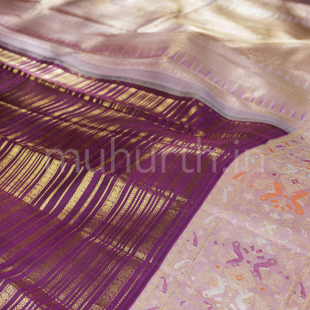 Magenta Veldhari Kanjivaram Silk Saree with Peach