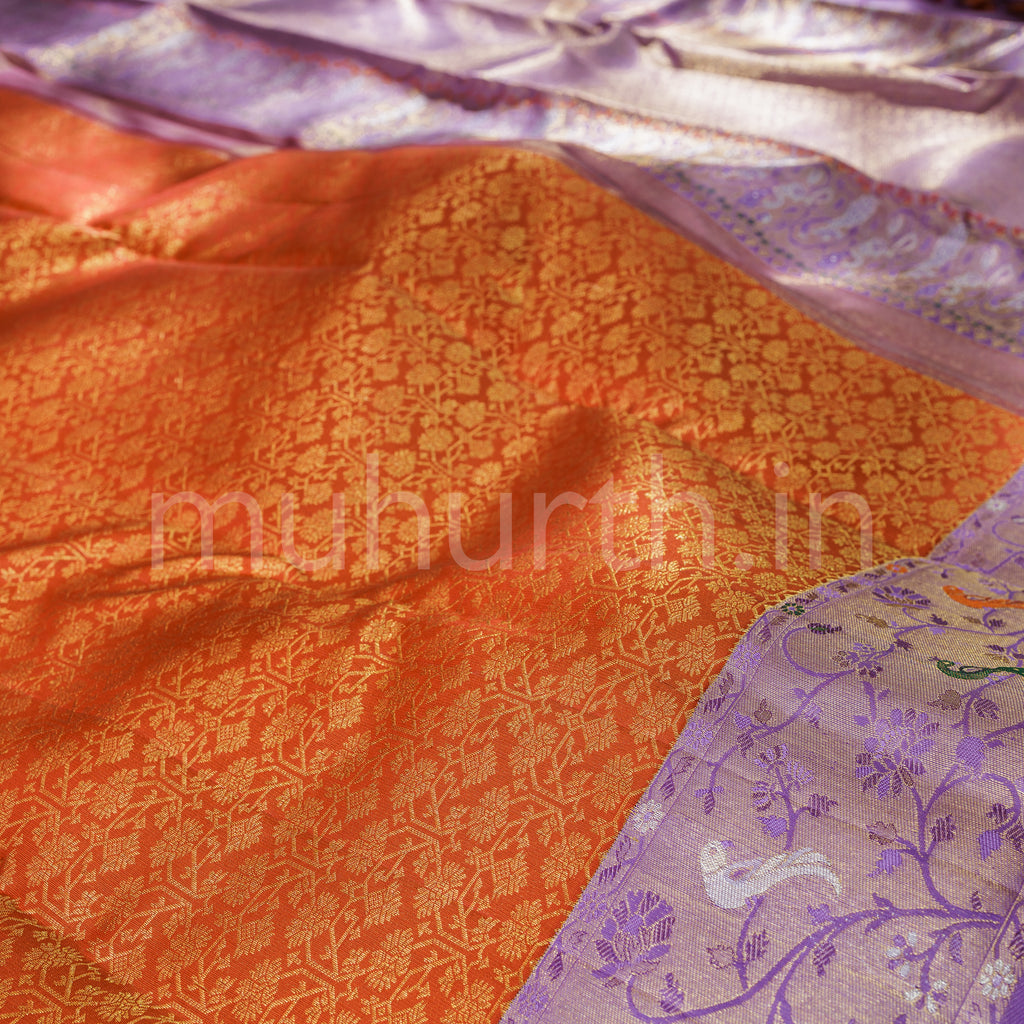 Deep Orange Meenakari Kanjivaram Silk Saree with Lavender