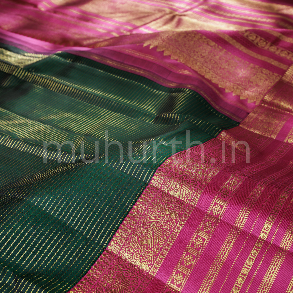 Deep Green Kanjivaram Silk Saree with Rose