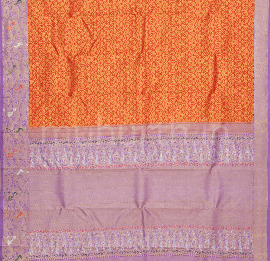 Deep Orange Meenakari Kanjivaram Silk Saree with Lavender