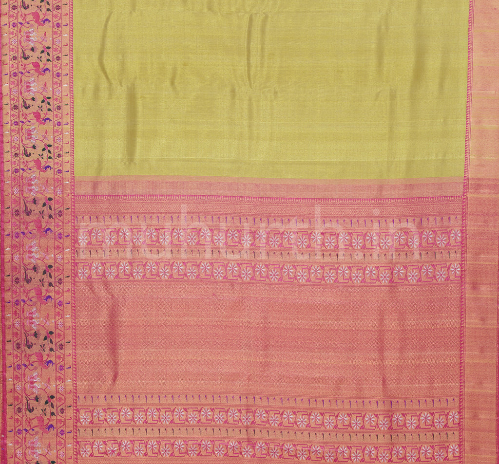 Golden Organza Tissue Pure Kanjivaram Silk Saree with Pink   