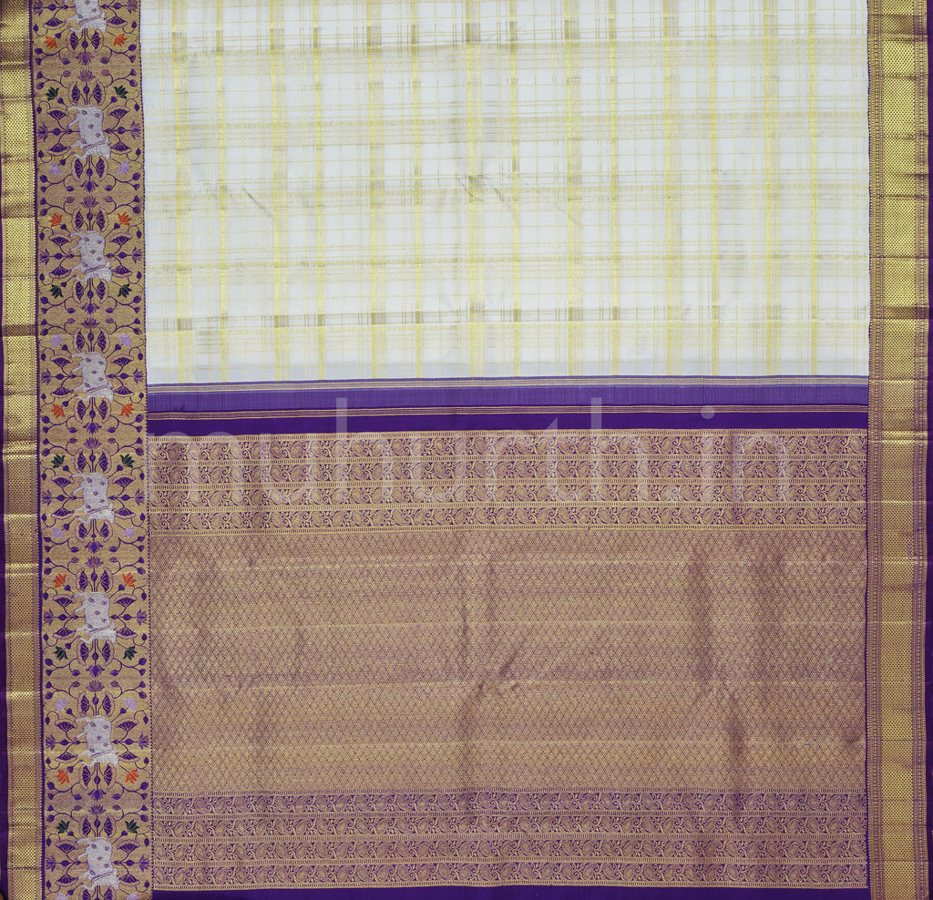 Off-White Pure Meenakari Kanjivaram Silk Saree with Meenakshi