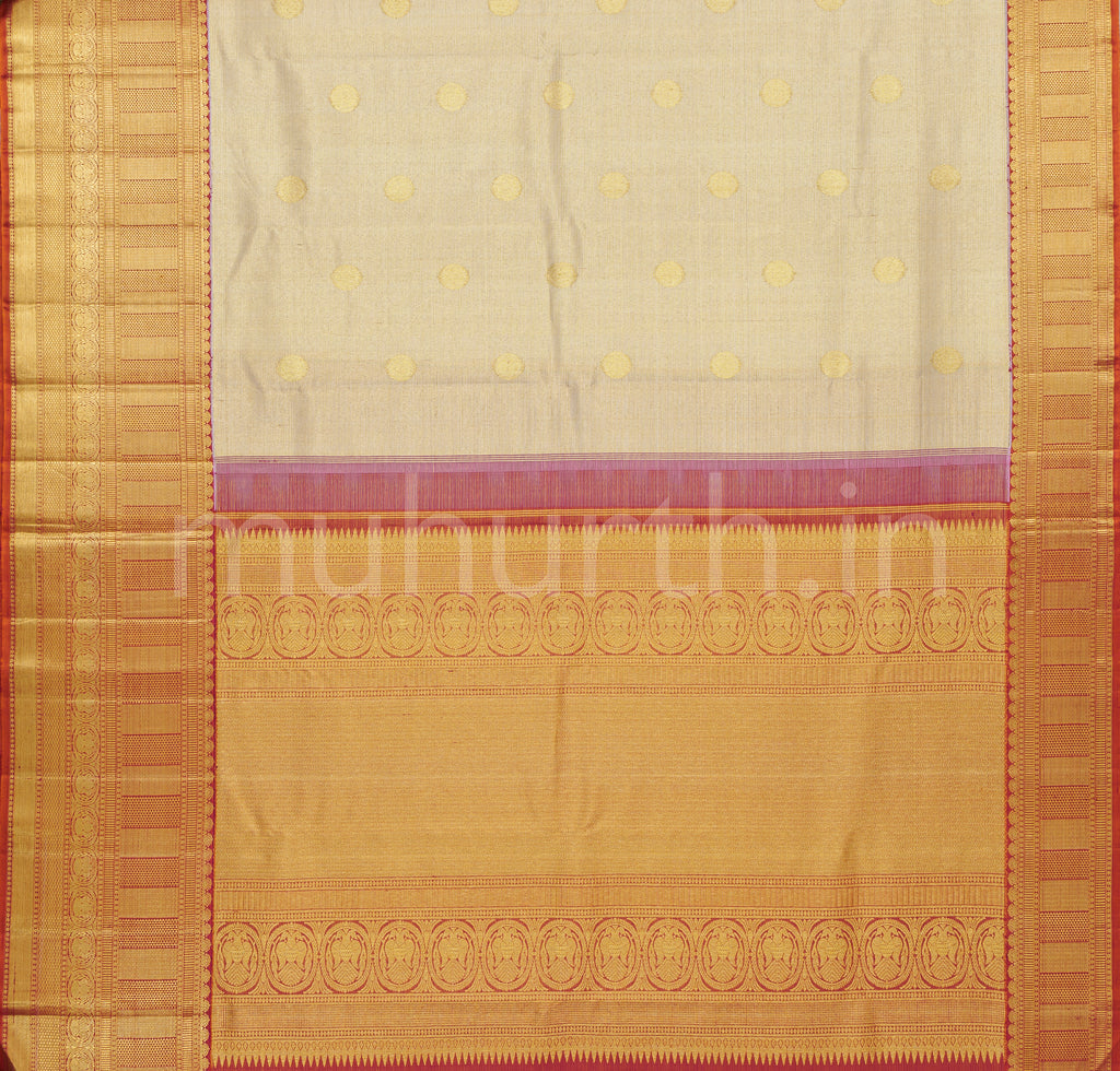 Off-White Vaira Oosi Tissue Kanjivaram Silk Saree with Orange Rose