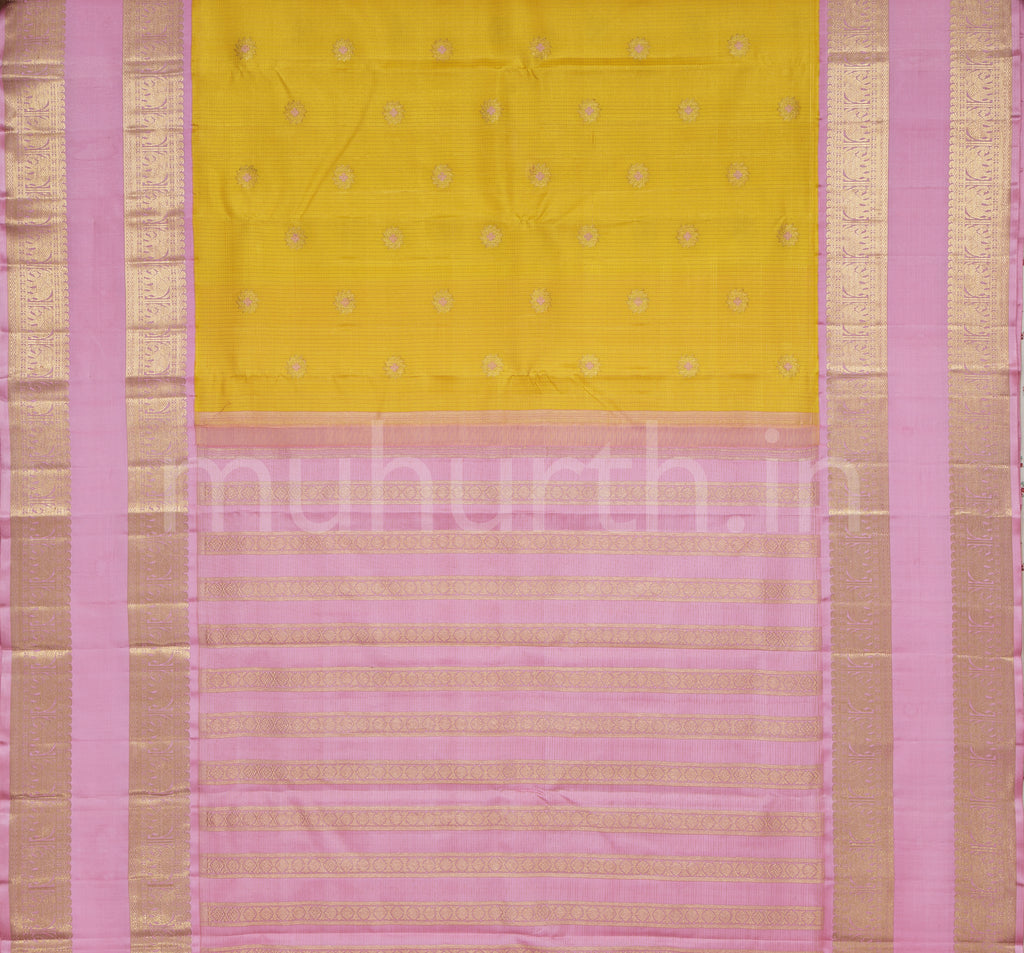 Golden Mustard Pure Kanjivaram Silk Saree with Pink