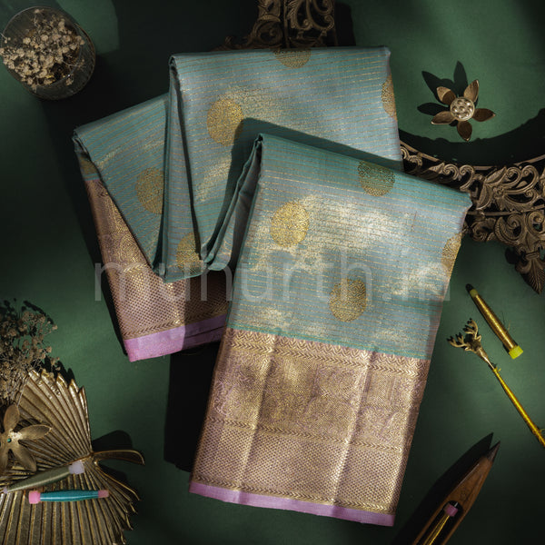 Powder Blue with Green Pure Kanjivaram Silk Saree with Pink
