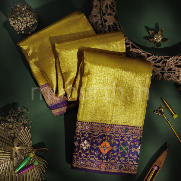 Golden Mustard Tissue Organza Pure Zari Kanjivaram Silk Saree with Meenakshi