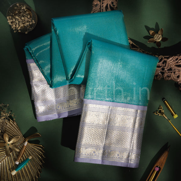 Sapphire Kora Organza Kanjivaram Silk Saree with Silver Grey