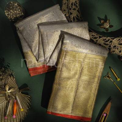 Kakhi Luxury Tissue Kanjivaram Silk Saree with Orange Selvedge