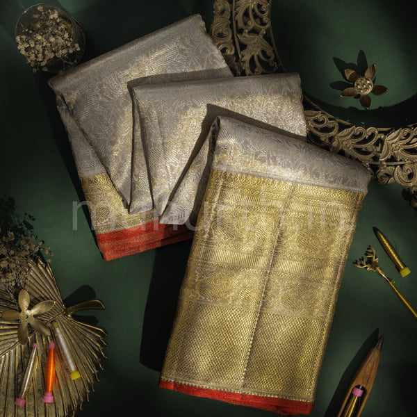 Kakhi Luxury Tissue Kanjivaram Silk Saree with Orange Selvedge