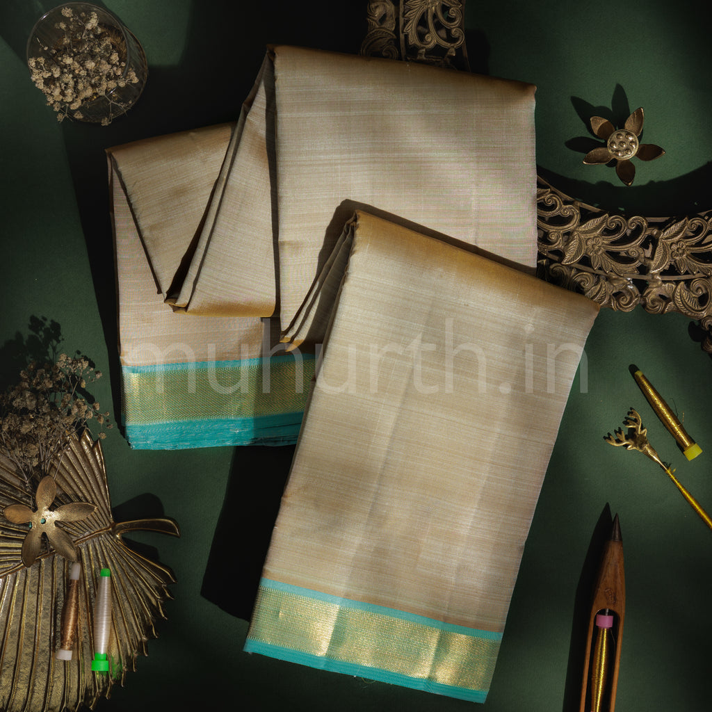 Kakhi Pure Kanjivaram Silk Saree with Light Ananda