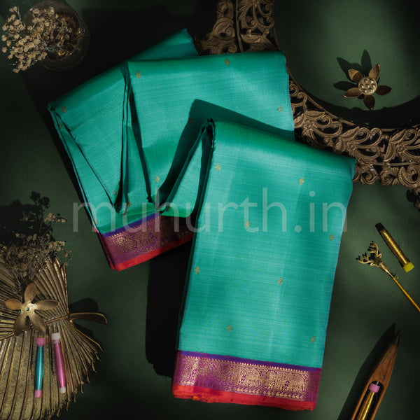 Rama Blue Pure Zari Kanjivaram Silk Saree with Magenta
