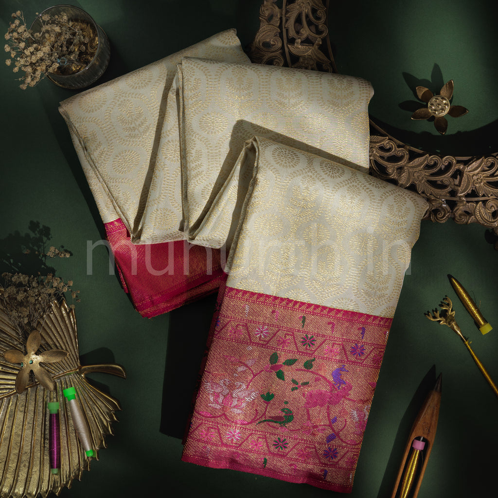 Off- White Pure Kanjivaram Silk Saree with Red Rose