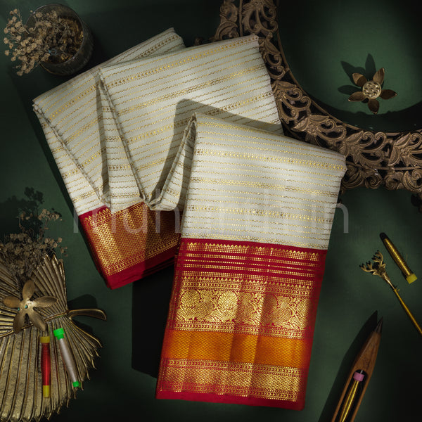 Off- White Veldhari Pure Kanjivaram Silk Saree with Bright Red