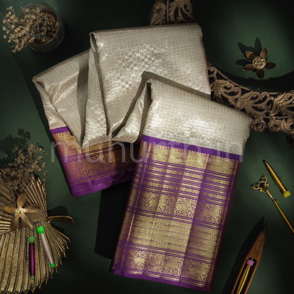 Off- White Organza Tissue Pure Kanjivaram Silk Saree with Magenta