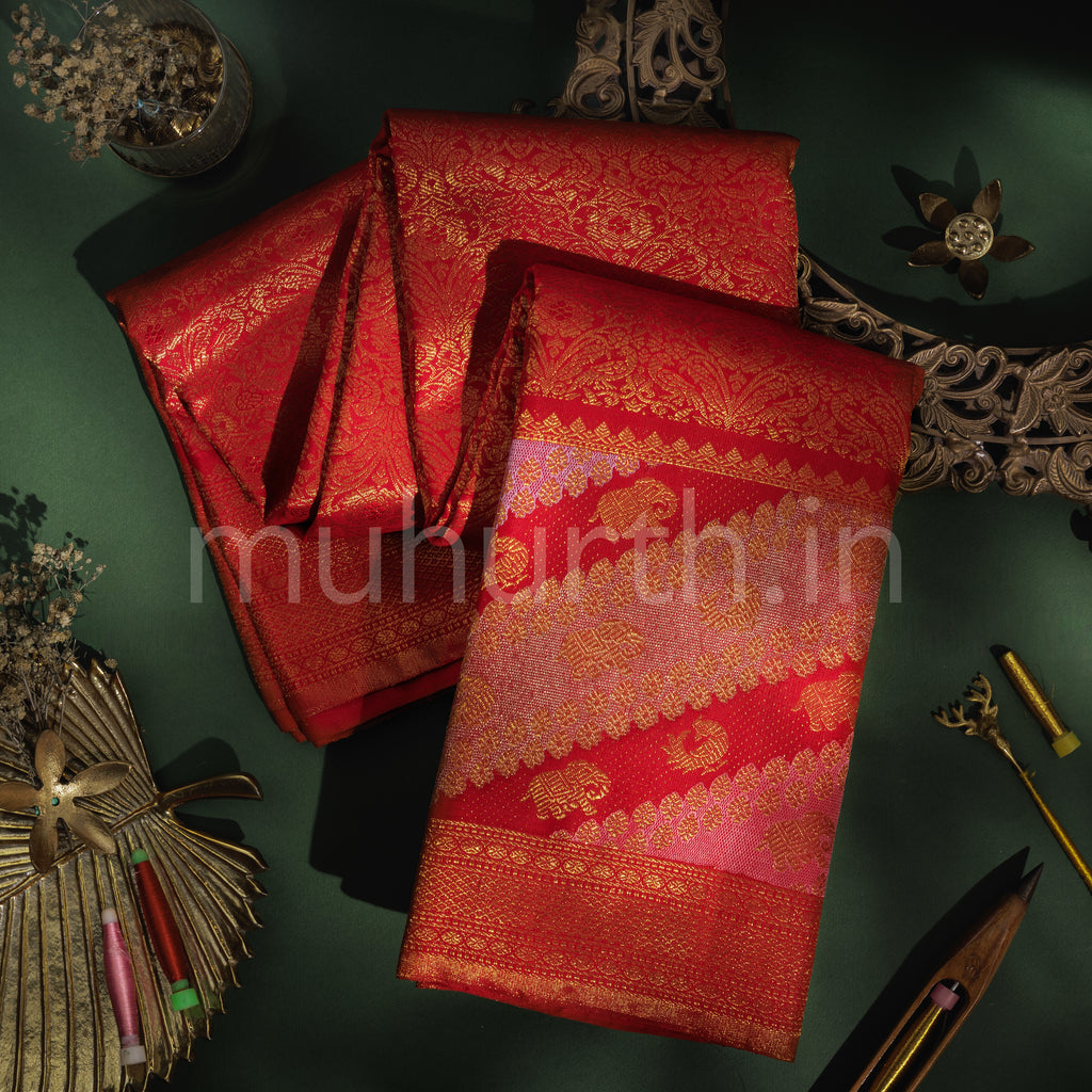 Bright Red Pure Kanjivaram Silk Saree with Rangkat Border