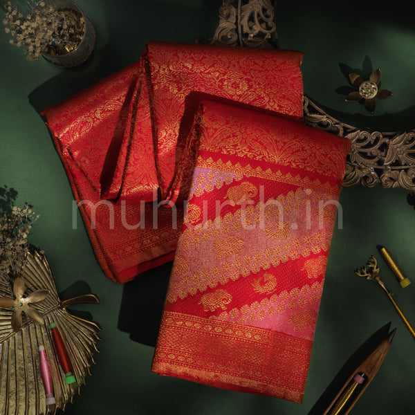 Bright Red Pure Kanjivaram Silk Saree with Rangkat Border