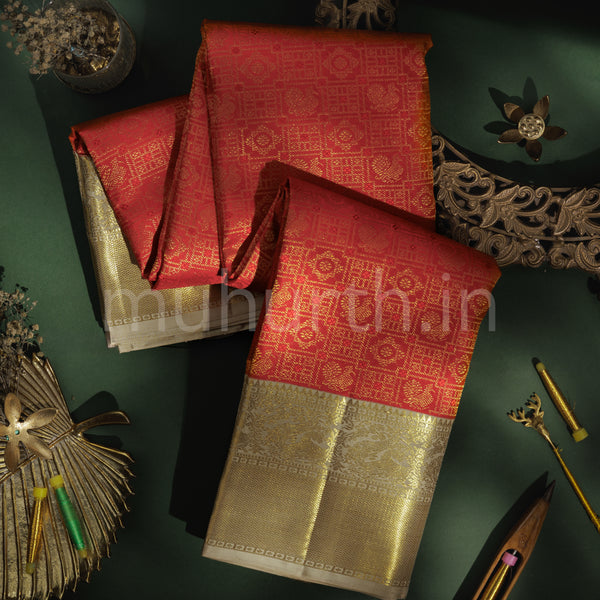 Orange Pure Kanjivaram Silk Saree with Tussar White