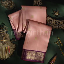 Load image into Gallery viewer, Peach Pure Zari Kanjivaram Silk Saree with Magenta