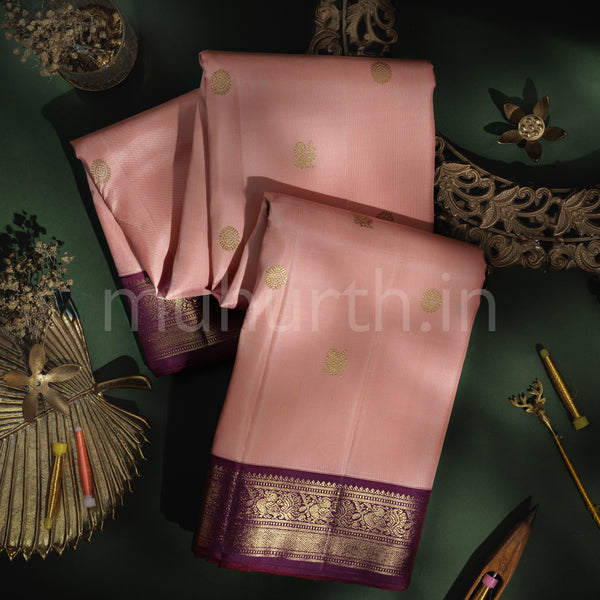 Peach Pure Zari Kanjivaram Silk Saree with Magenta