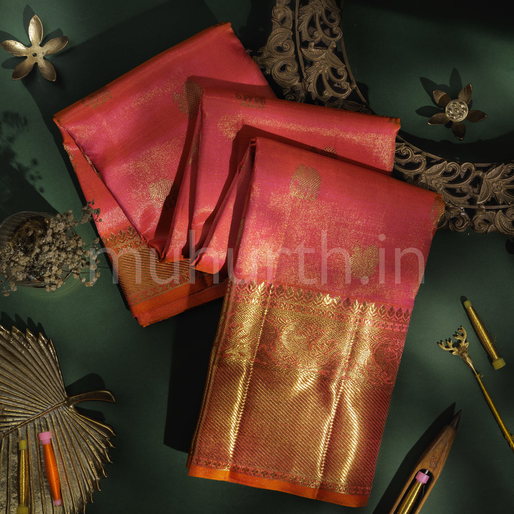 Peach Vaira Oosi Tissue Pure Kanjivaram Silk Saree