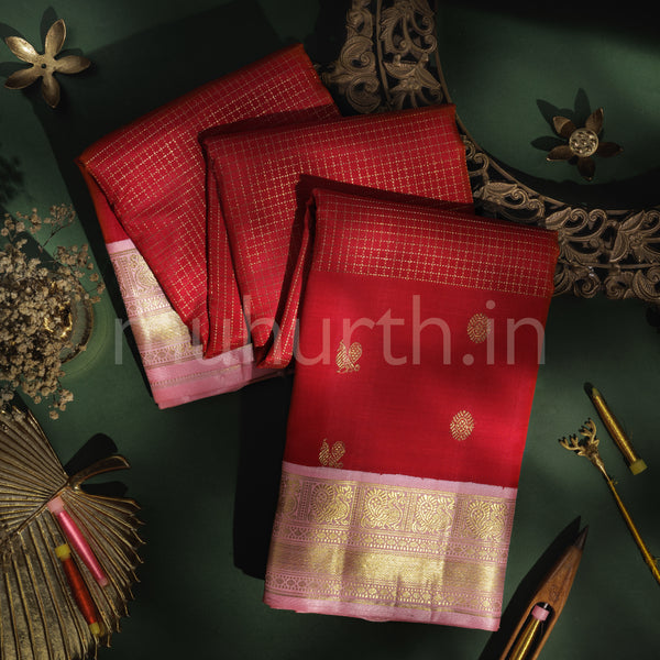 Bright Red Pure Kanjivaram Silk Saree with Peach