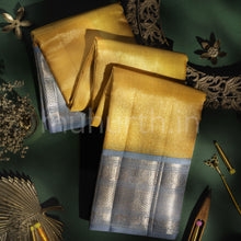 Load image into Gallery viewer, Golden Mustard Pure Kanjivaram Silk Saree with Silver Grey