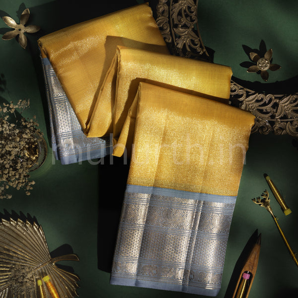 Golden Mustard Pure Kanjivaram Silk Saree with Silver Grey