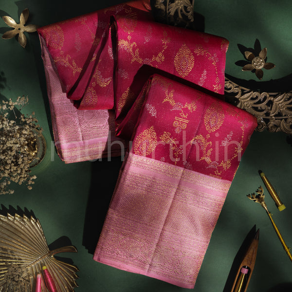 Rose Red Meenakari Luxury Kanjivaram Silk Saree with Peach