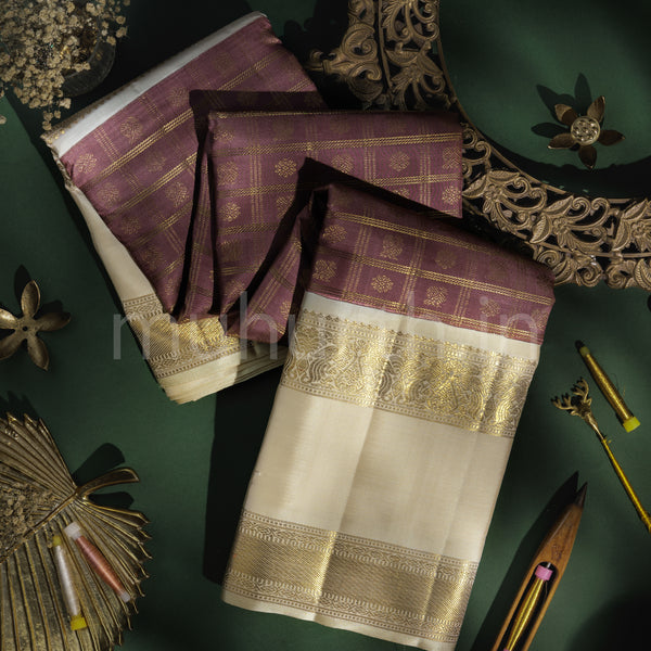 Brown Pure Zari Kanjivaram Silk Saree with Tussar White