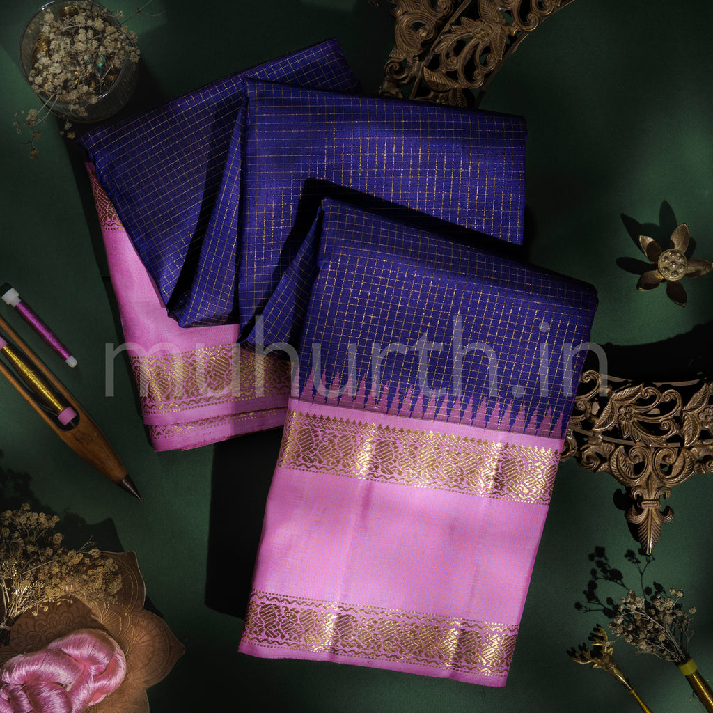 Violet Pure Kanjivaram Silk Saree with Pink