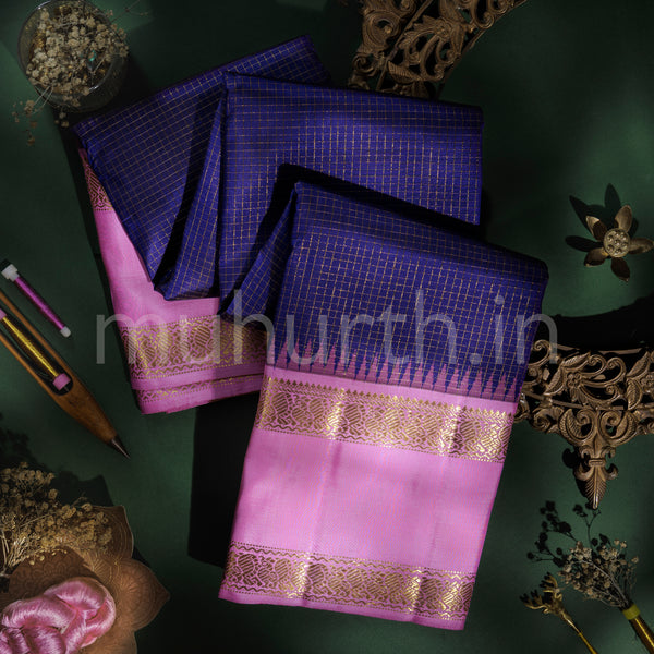 Violet Pure Kanjivaram Silk Saree with Pink