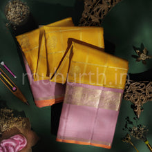 Load image into Gallery viewer, Mustard Pure Zari Kanjivaram Silk Saree with Baby Pink