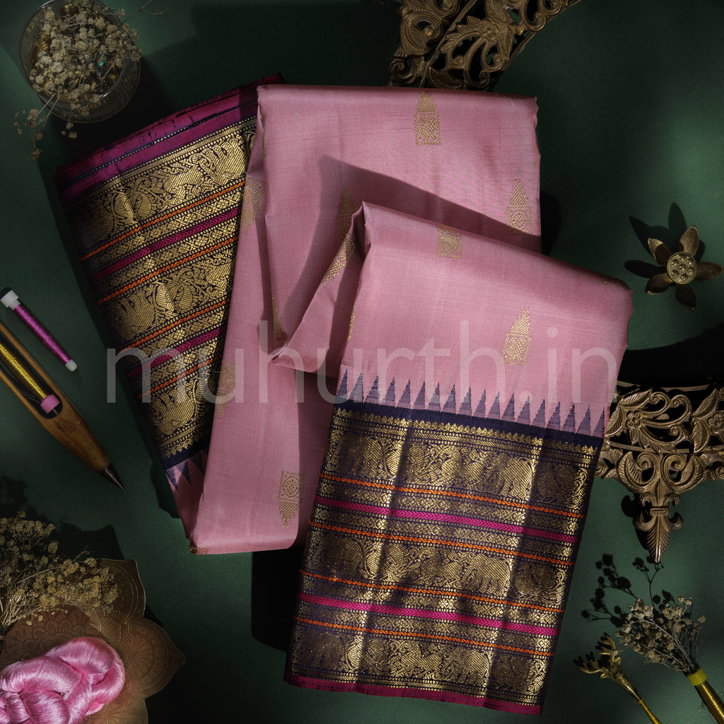 Onion Pink Pure Zari Kanjivaram Silk Saree with Vijaya