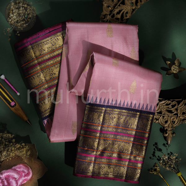 Onion Pink Pure Zari Kanjivaram Silk Saree with Vijaya