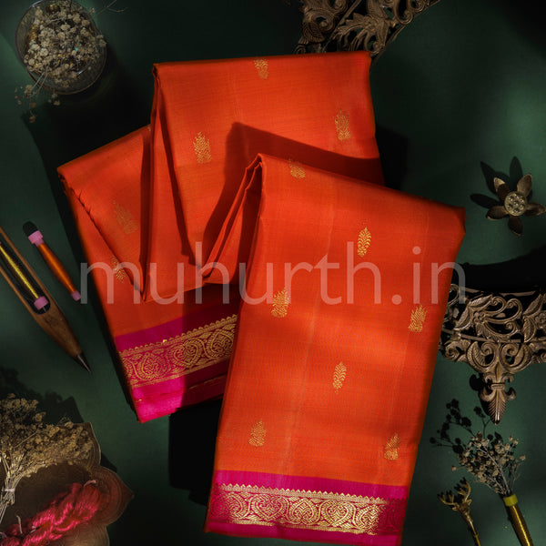Orange Pure Kanjivaram Silk Saree with Rose