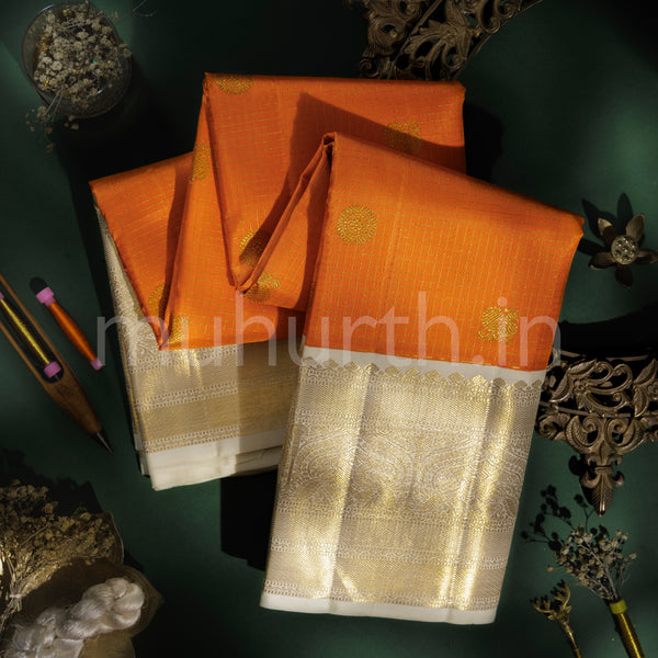 Orange Pure Kanjivaram Silk Saree with Off-White