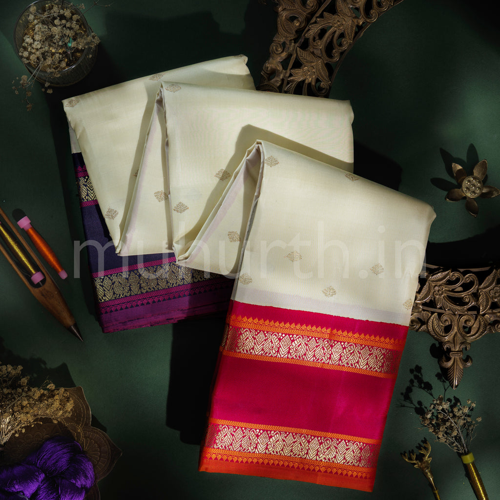 Off-White Pure Zari Kanjivaram Silk Saree with Rose