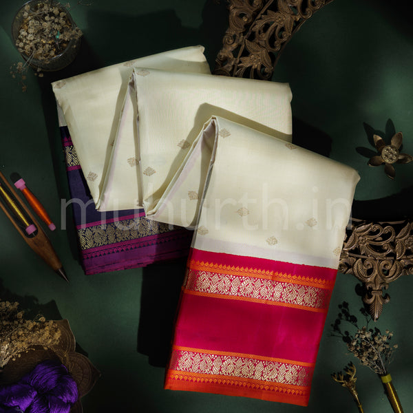Off-White Pure Zari Kanjivaram Silk Saree with Rose