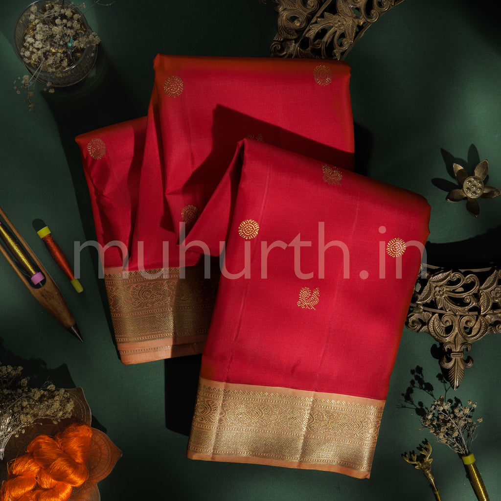 Bright Red Pure Zari Kanjivaram Silk Saree with Light Carrot